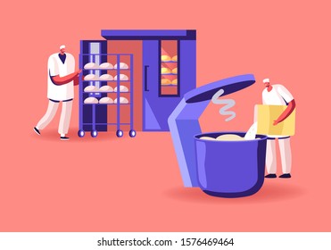 Baking Industry Plant. Workers Prepare Fresh Bread Mixing Dough in Huge Mixer and Put Raw Loafs into Oven. Bakehouse Factory, Food Producing Manufacture Process. Cartoon Flat Vector Illustration