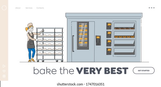 Baking Industry Plant Working Process Landing Page Template. Baker Figur in Rolling Metal Trolley mit rohen Brot Loafs in riesigem Ofen für Backen, Fabrik-Technologie. Linear Vector Illustration