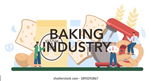 Baking industry typographic header. Baking pastry process. Bakery worker making dough and pastries goods. Isolated vector illustration