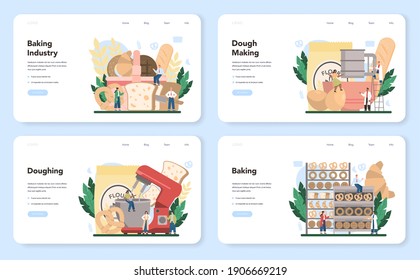 Baking industry web banner or landing page set. Baking pastry process. Bakery worker making dough and pastries goods. Isolated vector illustration