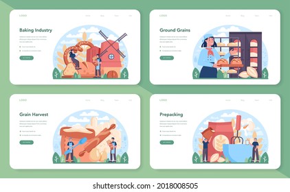 Banner web de la industria del hornear o página de inicio. Proceso de pastelería y venta al por menor. Trabajador de panadería haciendo pasta y repostería. Ilustración vectorial aislada