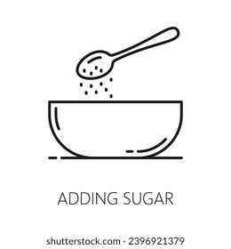 Baking ingredient, adding sugar to bakery food. Vector home bakery and pastry food, sweetener add in plate outline icon. Sweet dough in bowl