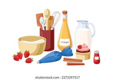 Baking ingredient, cooking utensil, kitchen tool composition. Bakery, confectionary stuff, food. Cupcake, milk in jug, pastry bag, bowl of cream. Flat vector illustration isolated on white background