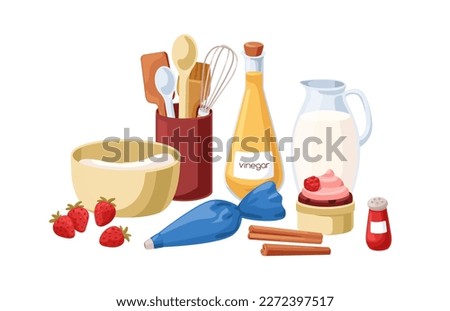 Baking ingredient, cooking utensil, kitchen tool composition. Bakery, confectionary stuff, food. Cupcake, milk in jug, pastry bag, bowl of cream. Flat vector illustration isolated on white background