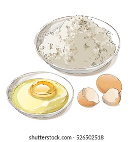 baking ingredients broken raw eggs and flour isolated on white background vector illustration
