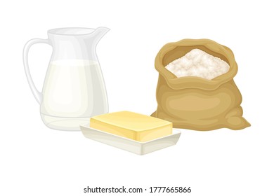 Baking Ingredients with Butter and Jug of Milk Vector Illustration
