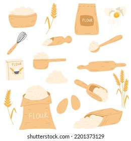 Baking ingredients in cartoon flat style. Bag with flour, eggs, kitchen whisk, rolling pin, wheat ear spikelet. Vector illustration set for pastry cooking