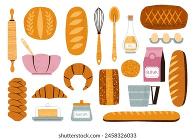 Baking ingredients. Cartoon kitchen tools and food for pastry and sweet bakery, eggs flour sugar butter milk whisk rolling pin. Vector isolated set. Utensils and products for baking pastry