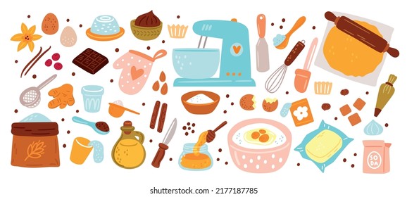 Baking ingredients. Cartoon kitchen utensils. Semi finished products. Cooking process. Eggs with sugar in bowl. Flour and soda. Cake recipe. Dough mixer. Garish vector