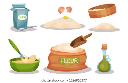 Baking Ingredients In Cartoon Style. Set Of Vector Food Icons.