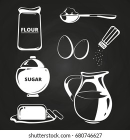 Baking ingredients collection on chalkboard. Collection of ingredients for cook, vector illustration