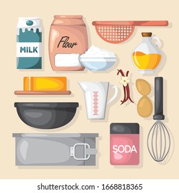 Baking ingredients colored isolated icons set with flour butter eggs milk vanilla vector illustration