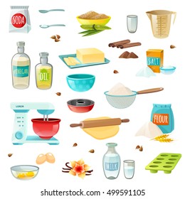 Baking Ingredients Colored Isolated Icons Set With Flour Sugar Salt Butter Eggs Milk Cinnamon Vanilla Vector Illustration