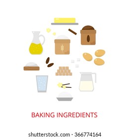 Baking ingredients composed in circle shape. Brown sugar, butter, milk, eggs, flour, salt, cocoa, powder, water, cooking oil, vanilla.