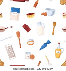 Baking ingredients, cooking tools, seamless pattern. Repeating print, kitchen utensils, confectionery supplies, stuff. Endless background for fabric, textile. Colored flat cartoon vector illustration