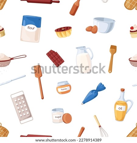 Baking ingredients, cooking tools, seamless pattern. Repeating print, kitchen utensils, confectionery supplies, stuff. Endless background for fabric, textile. Colored flat cartoon vector illustration