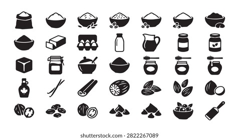 Baking ingredients and culinary supplies icon collection with ingredients
