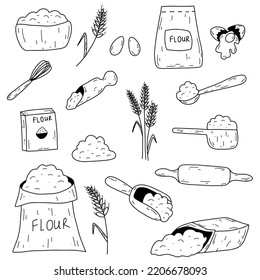 Baking ingredients in doodle hand drawn style. Bag with flour, eggs, kitchen whisk, rolling pin, wheat ear spikelet. Vector sketch illustration set for pastry cooking.