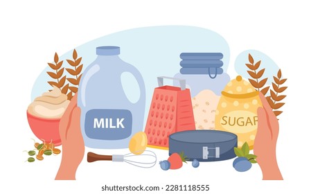 Baking ingredients flat composition with milk sugar flour eggs mixer grater detachable baking container vector illustration