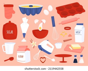 Baking ingredients. Flat kitchen utensil and food products. Pastry cooking, flour and sugar. Eggs, butter and milk, different cupcake mold, homemade confectionery, vector cartoon isolated set