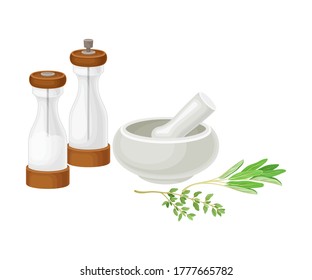 Baking Ingredients with Herbs Pounding with Pestle Vector Illustration