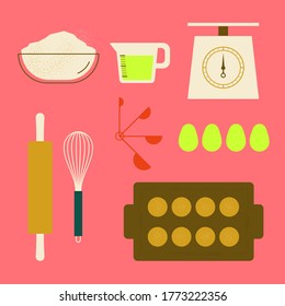 Baking ingredients, kitchen tools and utensils vector illustration icon set with bright and vibrant color, pastry making digital art in nordic simplified geometric style with textures.