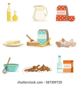 Baking Ingredients And Kitchen Tools And Utensils Collection Of Realistic Cartoon Vector Illustrations With Cooking Related Objects