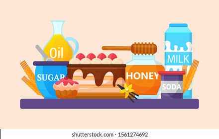 Baking ingredients and kitchen tools vector illustration. Products for baking dough for creamy cake or cupcake. Oil, milk, honey, sugar, soda, vanilla pod and flower.