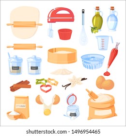 Baking ingredients and kitchen utensil icons. Vector flat cartoon illustration. Cooking and recipe design elements set, isolated on white background.