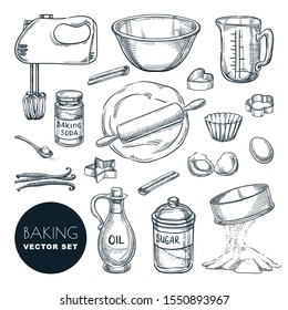 Baking Ingredients And Kitchen Utensil Icons. Vector Hand Drawn Sketch Illustration. Cooking And Recipe Design Elements Set, Isolated On White Background.