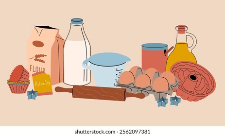 Baking ingredients are milk, flour, butter, dishes, eggs. Making cakes and cupcakes.