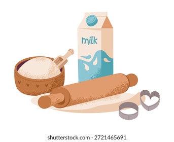 Ingredientes para hornear con leche, harina y rodillo. Acogedora repostería casera con cálidos detalles rústicos y sentimiento dulce para hornear.