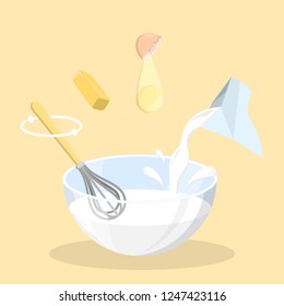 Baking ingredients for pancake in a bowl. Mixing milk, egg and butter for batter. Homemade food. Isolated vector illustration svg