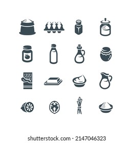 Baking ingredients pictograms. Products for preparing homemade pastry. Simple flat monochrome icons of flour, salt, sugar, milk, butter, oil, eggs, jam, honey, chocolate, vanilla, nuts, lemon, cream