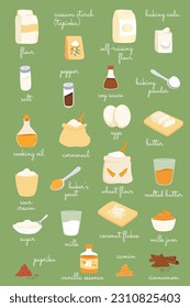 Baking ingredients poster. Hand drawn cooking elements set. Flour spices butter milk eggs and other components for recipe design. Can be used as flash card. Vector illustration.