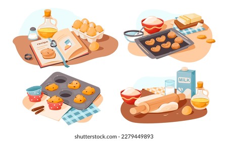 Baking Ingredients. Products and kitchen tools for cooking baking recipes. A set of vector illustrations of baking.