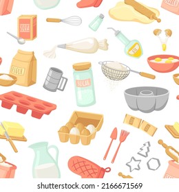 Baking ingredients seamless pattern. Cooking tools, accessories and cook equipment. Oil, pan, flour bag and eggs. Neat kitchen vector texture