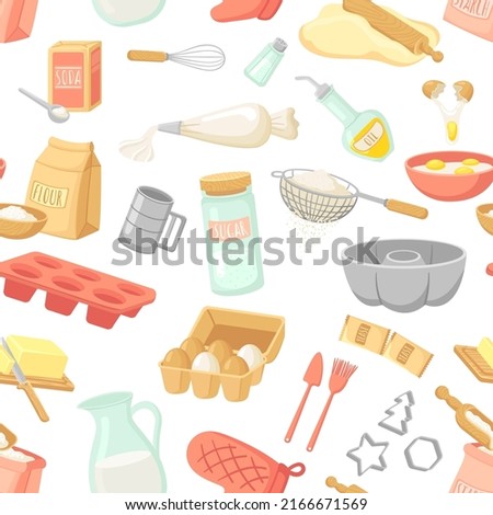 Baking ingredients seamless pattern. Cooking tools, accessories and cook equipment. Oil, pan, flour bag and eggs. Neat kitchen vector texture