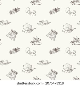 Baking Ingredients Seamless Pattern. Hand drawn food sketches ornament for background, wrapping paper, wallpaper, recipe, print, bakery menu design and decoration