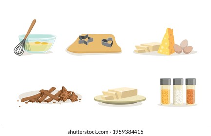 Ingredientes de hornear Set, Ingredientes de panadería, Huevo, Dough, Queso, Mantequilla, Mantequilla, Vector de dibujos animados con especias Ilustración