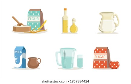 Baking Ingredients Set, Bakery ingredients, Flour Packaging , Bottle of Oil, Milk, Sugar Cartoon Vector Illustration