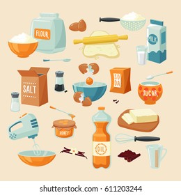 Baking Ingredients Set With Flour Dough Milk Butter Eggs Honey Oil Food Seasoning Spices Kitchenware Isolated Vector Illustration