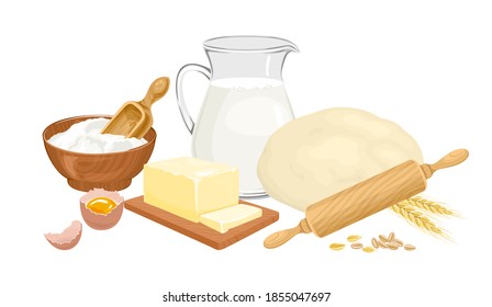 Baking ingredients set. Fresh dough, flour in bowl, jug with milk, butter, egg, rolling pin and ears of wheat isolated on a white background. Vector food illustration in cartoon flat style.