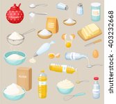 Baking ingredients set: sugar, salt, flour, starch, oil, butter, baking soda, baking powder, vinegar, eggs, whipped cream. Cooking vector illustration. Kitchen utensils.  Food