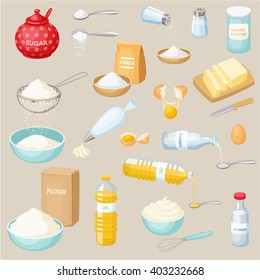 Baking Ingredients Set: Sugar, Salt, Flour, Starch, Oil, Butter, Baking Soda, Baking Powder, Vinegar, Eggs, Whipped Cream. Cooking Vector Illustration. Kitchen Utensils.  Food