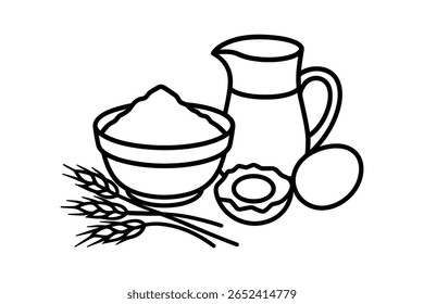 Ingredientes de cozimento Linha ainda vida Arte Ilustração com farinha, leite e ovo