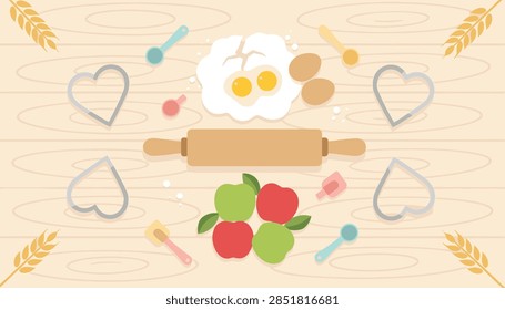 Baking ingredients and tools including a rolling pin, cracked eggs, apples, and heart cookie cutters are arranged on a wooden table.