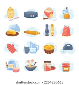 Ingredientes para hornear herramientas y conjunto plano utensilio de especias harina de mantequilla huevos de leche batidora gráter ilustración vectorial aislada