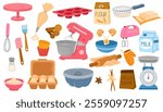 Baking ingredients. Tools, utensils set. Kitchen supplies, bakery stuff for cooking cake. Flour bag, sugar, oil, butter, mixer, whisk. Flat graphic vector illustration isolated on white background