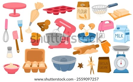 Baking ingredients. Tools, utensils set. Kitchen supplies, bakery stuff for cooking cake. Flour bag, sugar, oil, butter, mixer, whisk. Flat graphic vector illustration isolated on white background